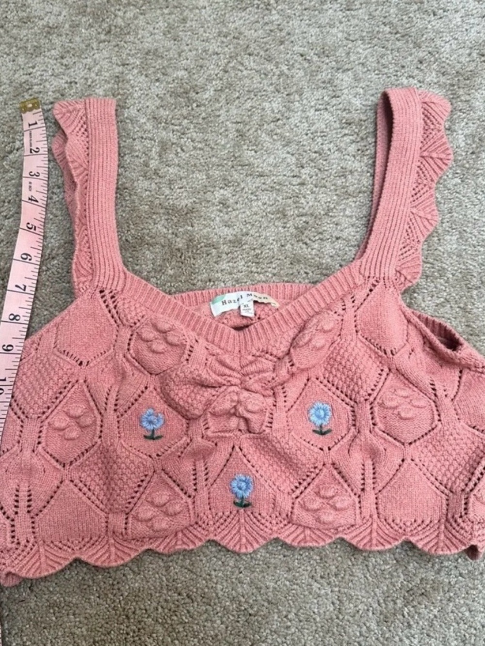 Crochet Floral Embroidered Crop Top Cottagecore Coquette Soft Pink XL Stretchy - Picture 6 of 7
